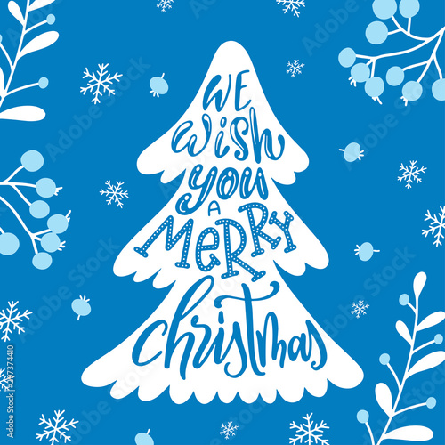 Christmas greeting card with warm winter wishes text. Funny saying with hand drawn typography quote. Vector illustration with branches and berry