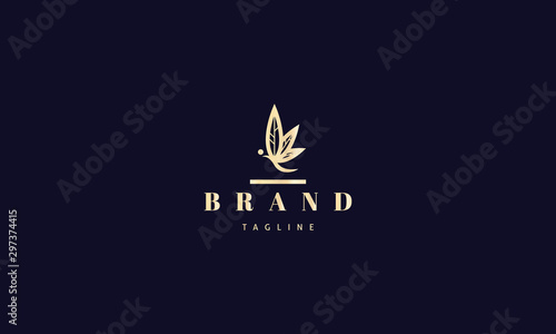 Vector gold logo on which an abstract image of a butterfly whose wings are made in the form of cannabis leaves.