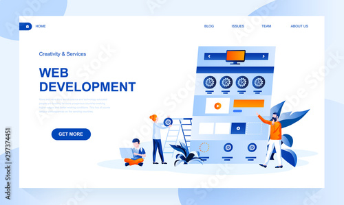Web development vector landing page template with header. Programme engineering web banner, homepage with flat illustrations