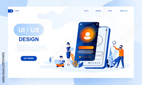 Ui, ux design vector landing page template with header. Application interface designers web banner, homepage design with flat illustrations