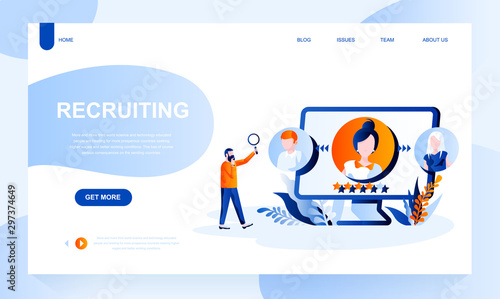 Recruiting vector landing page template with header. Staff search web banner, homepage design with flat illustrations