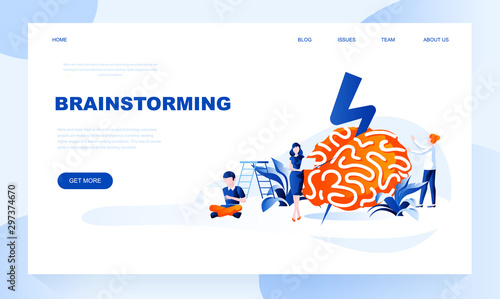 Brainstorming vector landing page template with header. Idea generation web banner, homepage design with flat illustrations