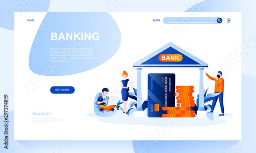 Banking vector landing page template with header. Financial institution web banner, homepage design with flat illustrations
