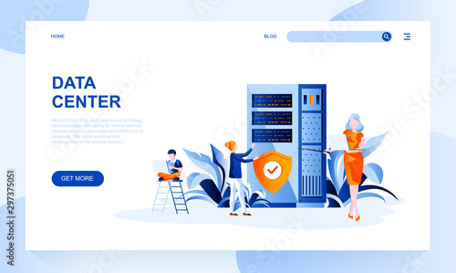 Data center vector landing page template with header. Computer systems and telecommunications web banner, homepage design with flat illustrations