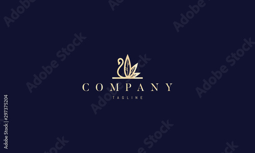 Vector gold logo on which an abstract image of a swan whose wings are made in the form of cannabis leaves.