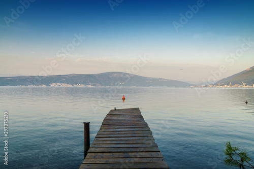 Sunny morning view of Kotor bay near Tivat, Montenegro.