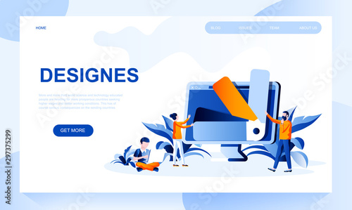 Design vector landing page template with header. Creating media content web banner, homepage design with flat illustrations