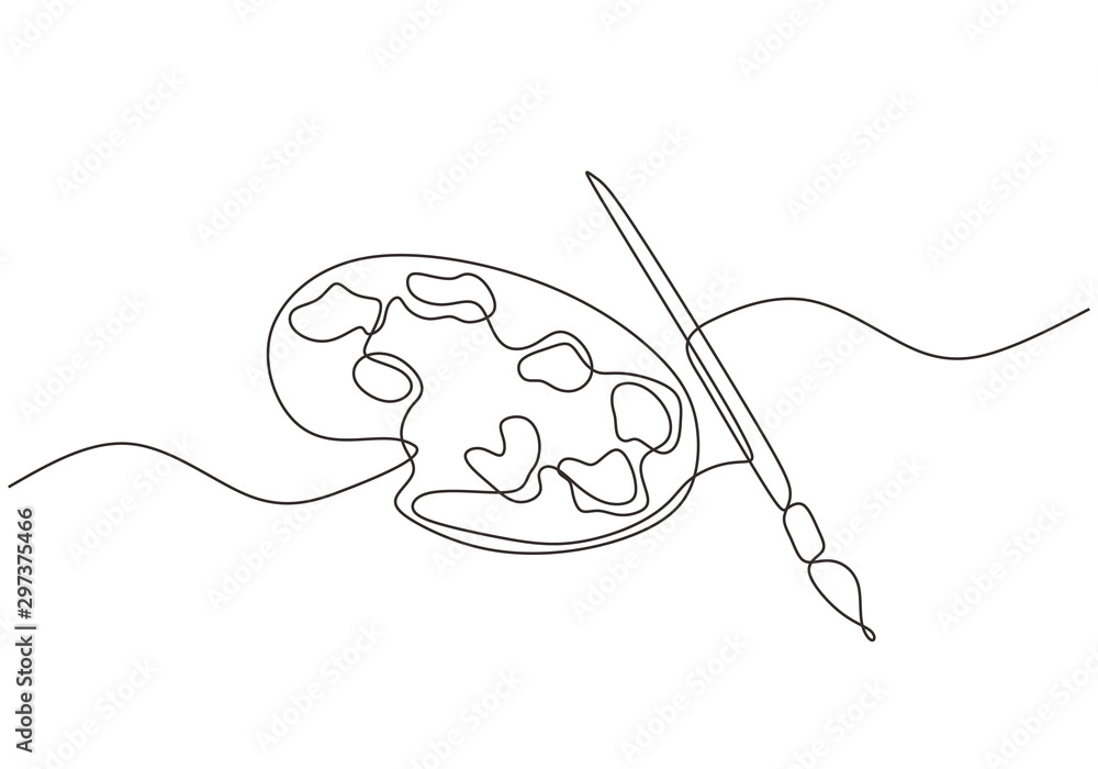 brush and painting palette one line drawing vector illustration