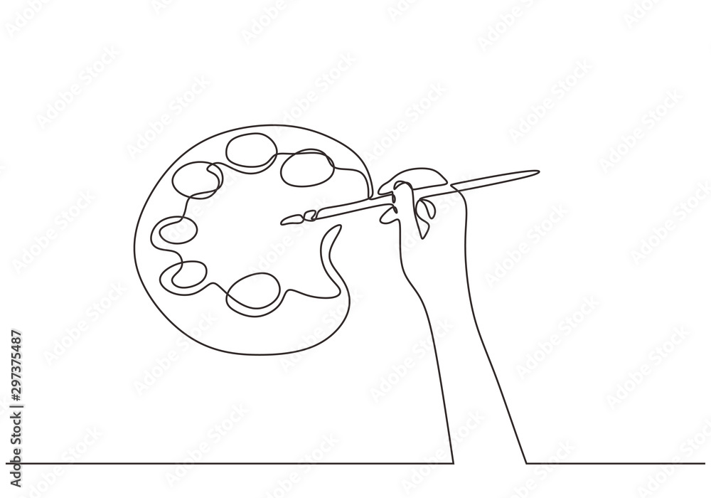 Continuous line drawing art painting palette and hand holding paint