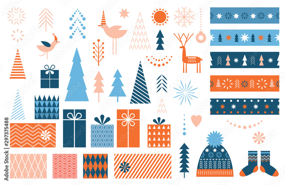 Set of graphic elements . Christmas Trees, snowflakes, stylized gift boxes, ornaments, seamless ornament of ribbons
