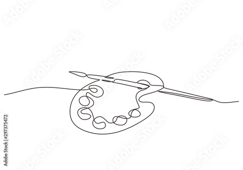Art equipment of brush and paint one line drawing vector illustration isolated on white background