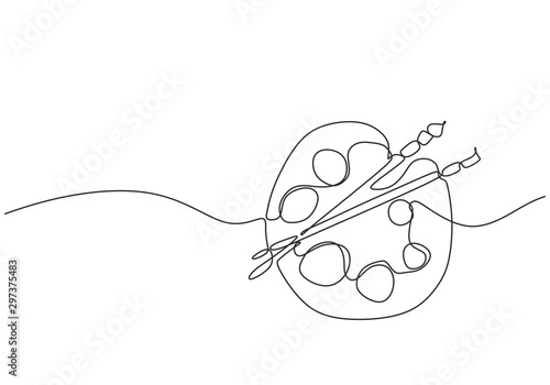 Art equipment of brush and painting palette one line drawing vector illustration isolated on white background