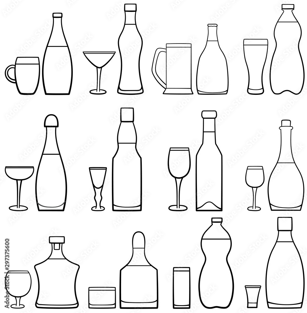 Set of twelve black line glass and bottle pairs Set of twelve black line glass and bottle pairs