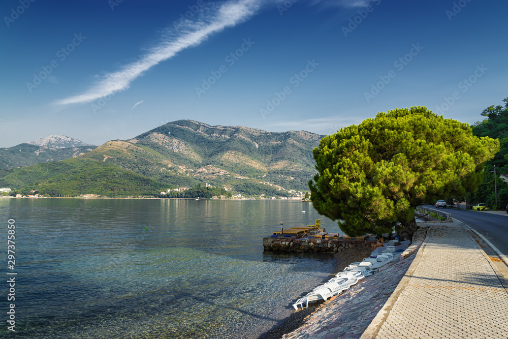 Fototapeta premium Sunny morning view of Kotor bay near Tivat, Montenegro.