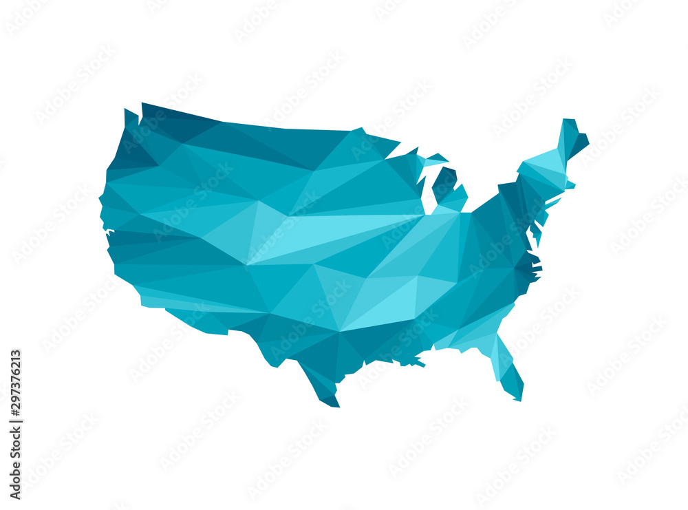 Vector isolated illustration icon with simplified blue silhouette of United States of America (US) map. Polygonal geometric style, triangular shapes. White background - obrazy, fototapety, plakaty 
