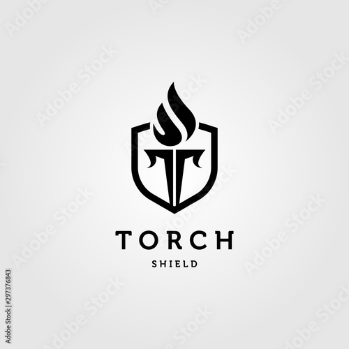 shield and torch letter t symbol logo vector illustration design