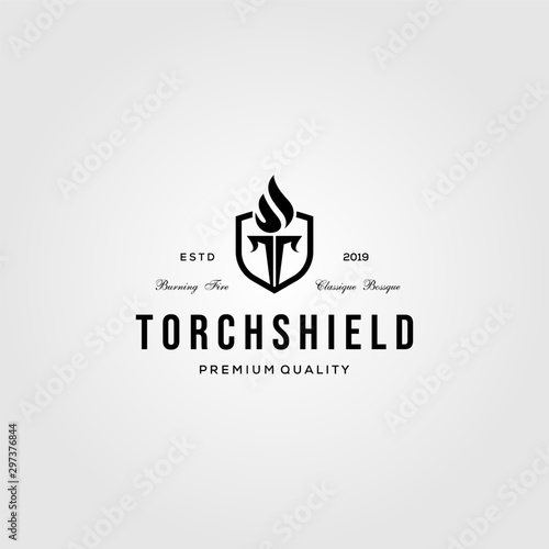 letter t torch and shield symbol logo vintage vector illustration design