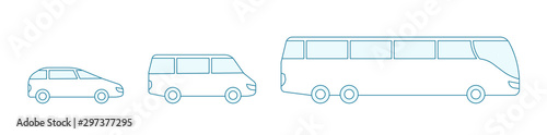 The size options of the bus transfer. Small, medium and large. Choose yours passengers transport. Outline contour blue line vector.