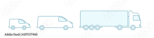 Delivery truck car size Icons. Cargo transportation variation options. Shipping. Minivan van and tautliner. Contour blue line Infographic vector.