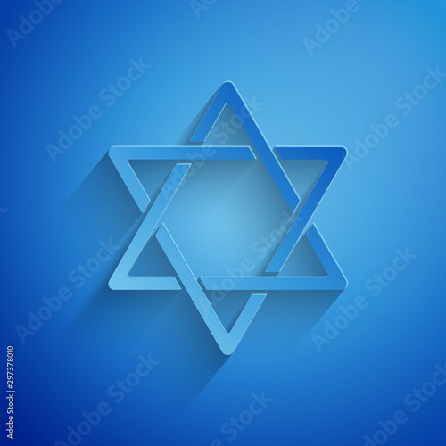 Paper cut Star of David icon isolated on blue background. Jewish religion symbol. Symbol of Israel. Paper art style. Vector Illustration