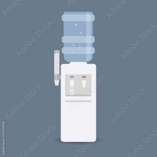 Floor water cooler with glass holder for office and home. Plastic bottle. Water dispenser with blue full bottle, as well hot and cold water taps. Isolated on blue background.Vector illustration