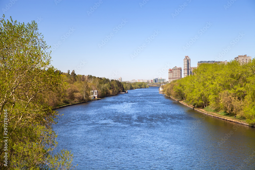A view of Moskva river from Khoroshyovsky bridge in Moscow, Russia