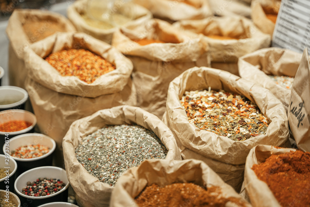 Spices are sold on the open east market. India, Pushkar Spices are sold on the open east market. India, Pushkar
