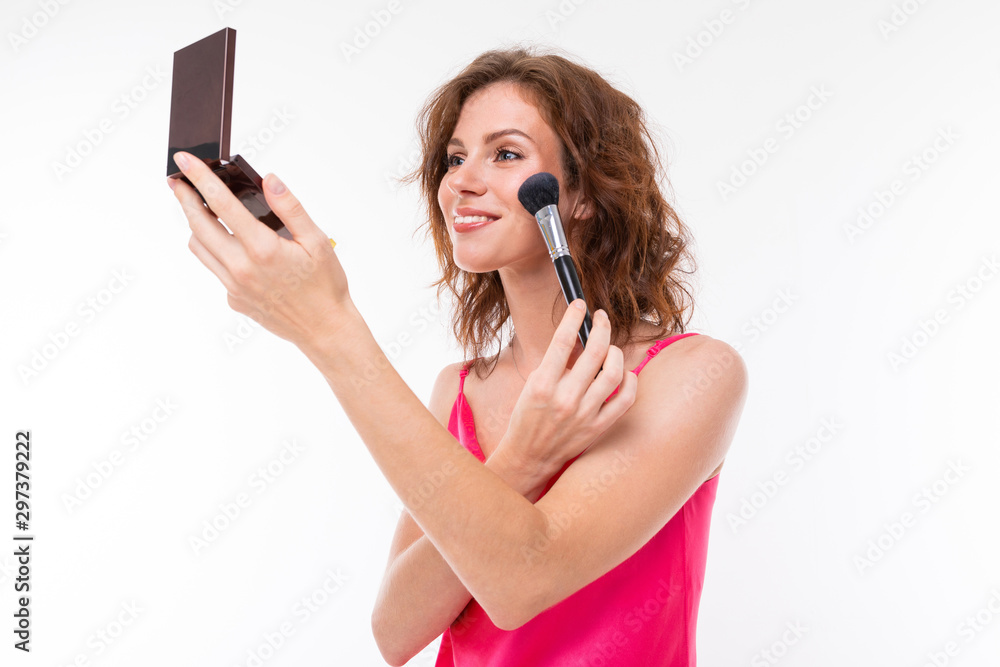 girl with a smile in her hands painted on a white background, portrait of a makeup artist girl with a smile in her hands painted on a white background, portrait of a makeup artist
