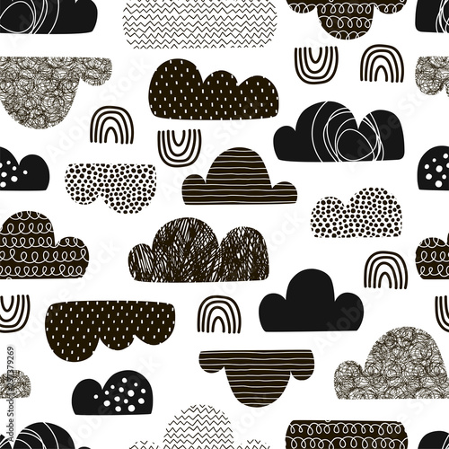Clouds hand drawn color vector seamless pattern. Black doodle eddies on white background. Decorative zigzag, line, scribble and circle spot clouds flat illustration. Textile, wallpaper design idea