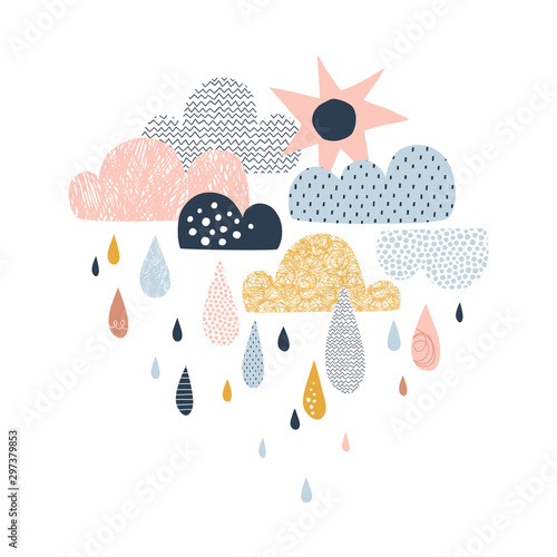 Vector sky illustration with clouds, rain drops and sun. Cute doodle decorative scandinavian print for textile, fabric, apparel kid nursery design