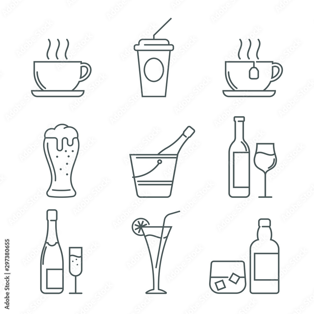 drinks thin line icon set isolated on white background, black color for restaurants and fast food bars, for print, mobile applications and web design. drinks thin line icon set isolated on white background, black color for restaurants and fast food bars, for print, mobile applications and web design.