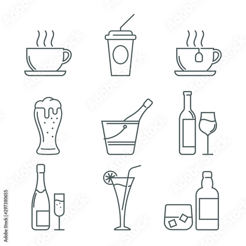drinks thin line icon set isolated on white background  black color for restaurants and fast food bars  for print  mobile applications and web design.