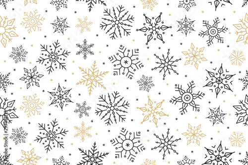 Christmas snowflake seamless pattern gold black on white background.