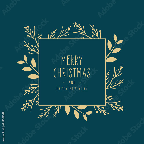 Merry Christmas modern card with frame banner greetings and golden fir pine branches on green background