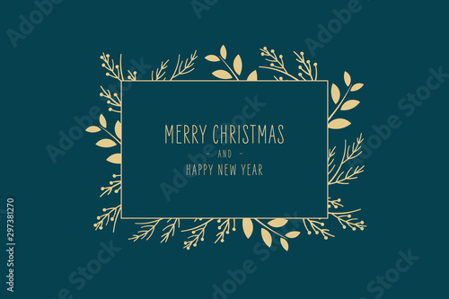 Merry Christmas modern elegant card with frame banner greetings and golden fir pine branches on green background