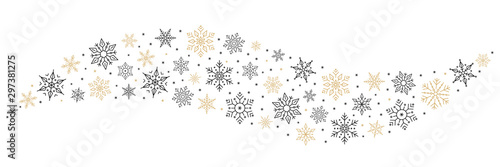Snowflakes and stars wave whirlwind golden black on white isolated background