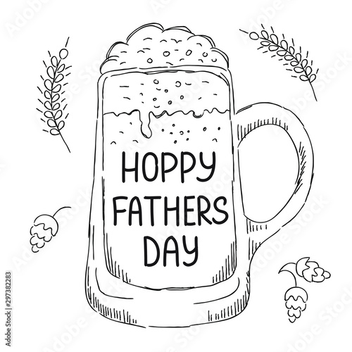 Hand drawn illustration in doodle style for Fathers Day with full of beer mug and text "Hoppy fathers day»