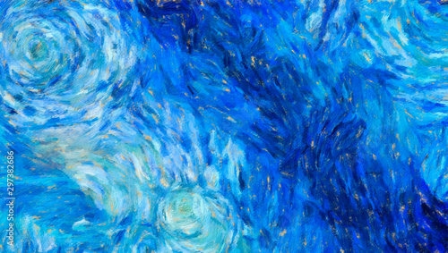 Obraz Streszczenie tekstura tło. Malarstwo cyfrowe w grafice w stylu Vincenta Van Gogha. Ręcznie rysowane wzór artystyczny. Sztuka współczesna. Dobry do wydrukowanych zdjęć, pocztówek, plakatów lub tapet i drukowania tkanin.