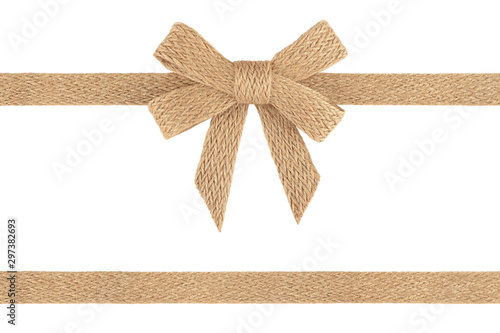 Burlap jute ribbon bow isolated on white background