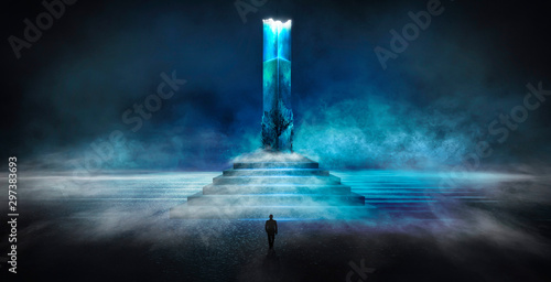 Dark abstract futuristic background. Dark Scene. Step up, large magic column, pillar. Blue neon light, concrete floor reflected in water.