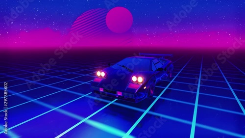 1980's Sports car speeding in neon grid. Retro Synthwave Vaporwave.  Seamless loop. 3D animation. 4K