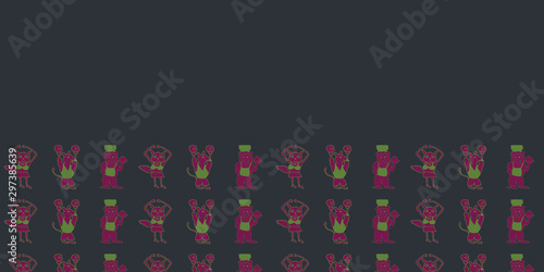 Vector classic black horizontal border anthropomorphic cartoon characters seamless pattern background