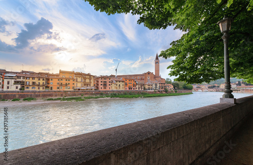 Panoramic view on the dige river in the evening in Verona photo