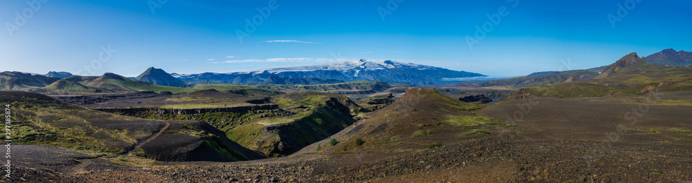 Panoramic view on majestic Markarfljotsgljufur Canyon gorge, Markarfljot river and Eyjafjallajokull glacier volcano and green hills. Fjallabak Nature Reserve, Iceland. Summer blue sky, clouds.
