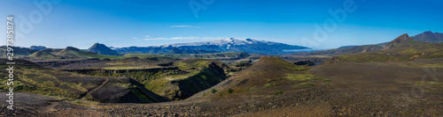 Panoramic view on majestic Markarfljotsgljufur Canyon gorge, Markarfljot river and Eyjafjallajokull glacier volcano and green hills. Fjallabak Nature Reserve, Iceland. Summer blue sky, clouds.