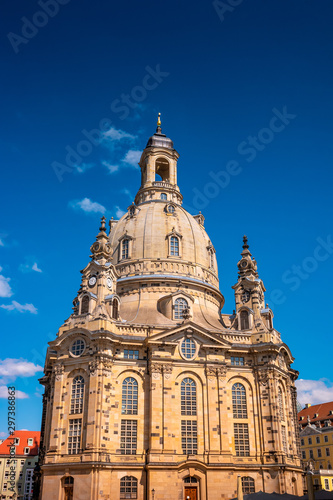 Church of our Lady (Frauenkirche) at Neumarkt square in downtown of Dresden in summer with blue sky, Germany