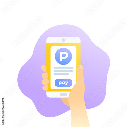 parking pay with mobile app, phone in hand, vector icon