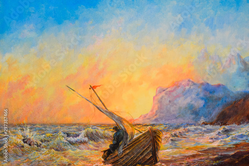 A boat broken by storm on the shore with a man.