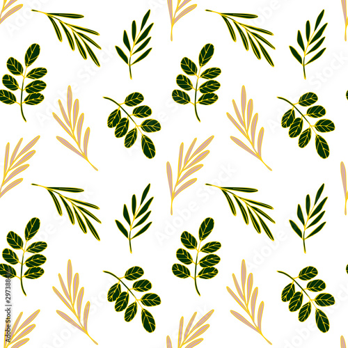 Floral seamless pattern golden and green leaves