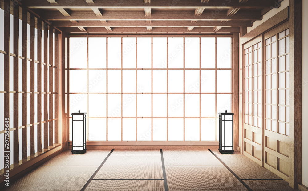 Empty yoga room inteior with tatami mat floor.3D rendering Empty yoga room inteior with tatami mat floor.3D rendering